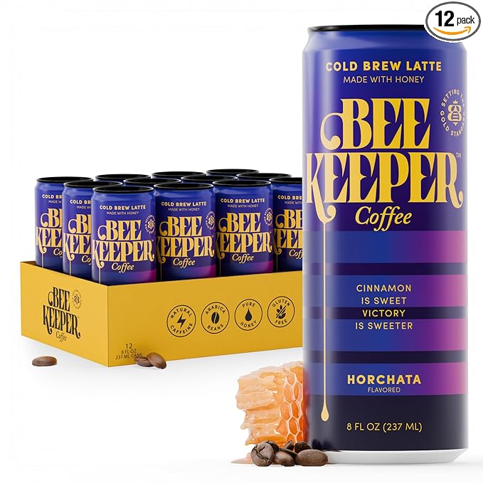 Beekeeper Horchata Latte Cold Brew Coffee Drinks with Oregon Honey | 12 Pack Refreshing Iced Coffee - Unsweetened & Strong Arabica Brew, 8 fl oz Ready-to-Drink Can - 180mg Natural Caffeine