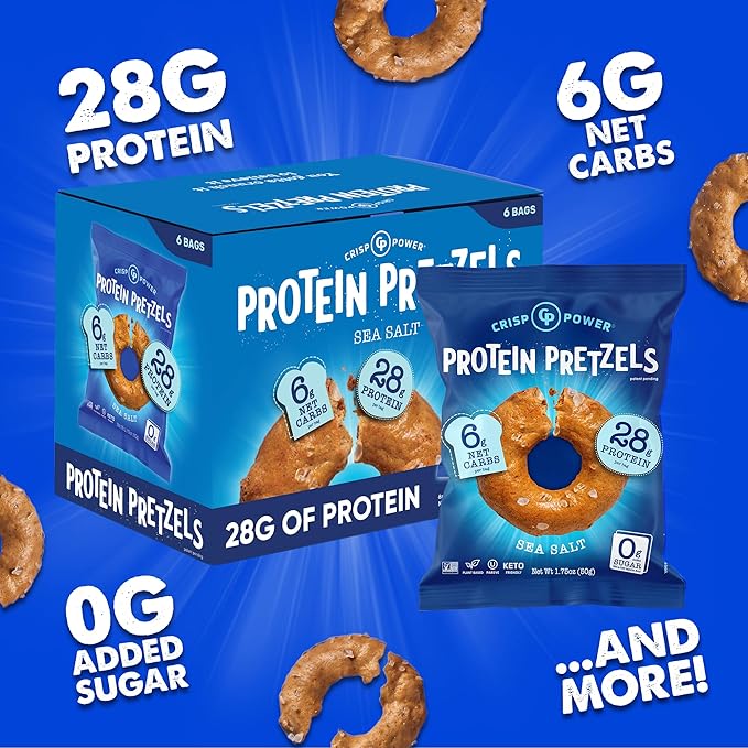 Crisp Power High Protein Pretzels, Sea Salt, High Protein Snack, 28G Protein, Low Carb, Crunchy, No Added Sugar, Keto-Friendly Snack, 1.75 oz Bags, 6 Pack, Vegan, Plant-Based, Keto