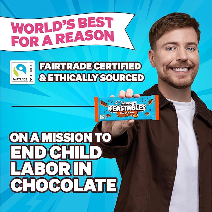 Feastables MrBeast Peanut Butter Milk Chocolate Chocolate Bar, King Size Candy Bar for Adults & Kids, Candy Bars for Snacks, Gifts, & Dessert, Sweet & Creamy Fairtrade Cocoa, 2.1 Oz Each, 10 Count