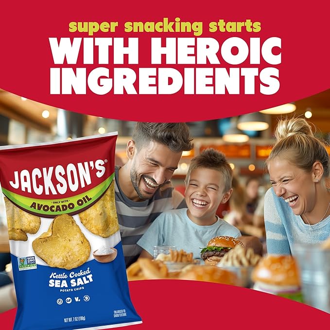 Jackson’s Classic Kettle Potato Chips (Variety Pack, 7 oz, Pack of 6) - Made with Premium Avocado Oil, Sea Salt, Salt & Vinegar and BBQ Flavors - Allergen-friendly, Gluten Free, Vegan