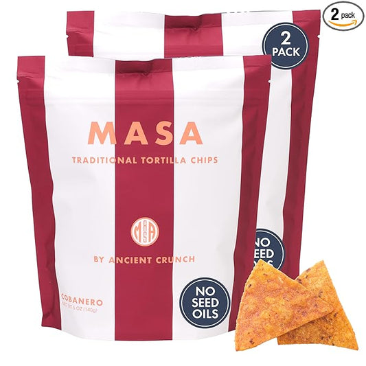 MASA Chips - Cobanero Tortilla Chips - Handmade Corn Tortillas - Spicy Chips & Snacks - Naturally Grown Yellow Corn, Made with Grass Fed Tallow, Sea Salt, Chili - 2 Pack 5 Ounce Each