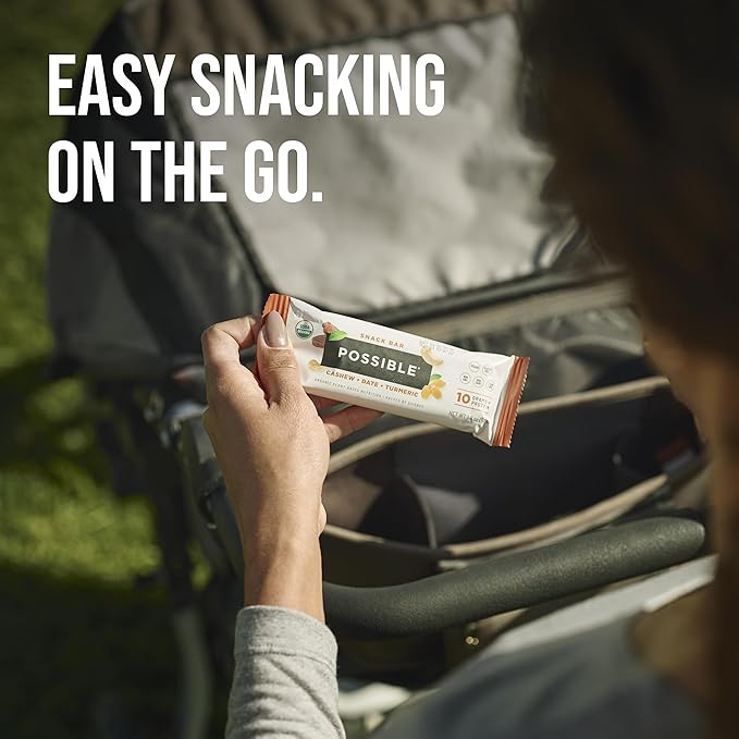 POSSIBLE Snack Bar - Organic Energy Bars with 10g of Plant-Based Protein - Vegan, Gluten-Free, Non-Dairy, USDA Organic - Healthy Fats - Clean Label - 1 Box, 12 Servings - Cashew Date Turmeric