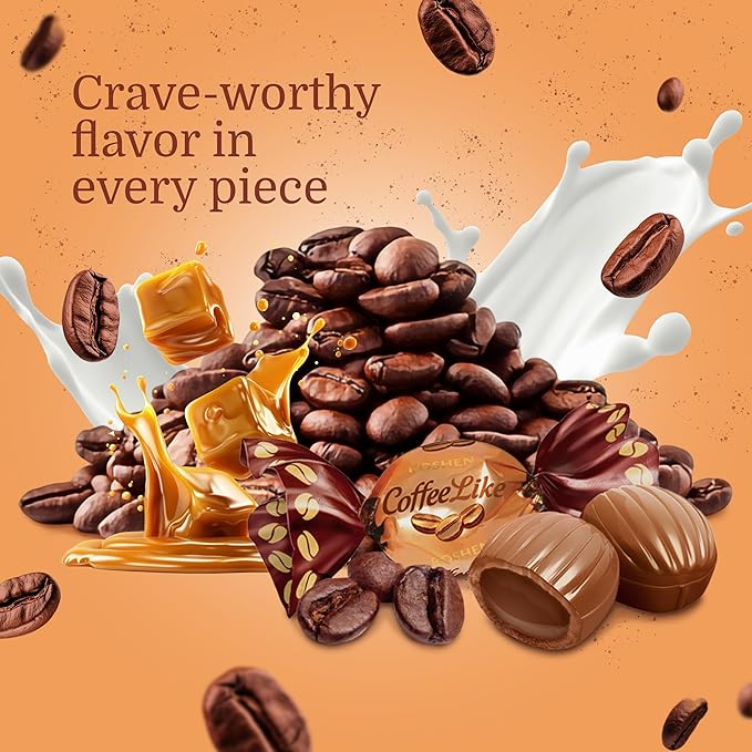 Roshen Coffeelike Caramel Candy, Coffee-Milky Filled, 2.2 lb (1kg) Bulk Pack, Soft Caramel with Natural Coffee Extract, Smooth Shell & Creamy Dairy Filling, Individually Wrapped Candies, Kosher, Halal