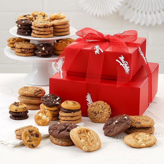 Mrs. Fields Crimson Personal Cookie Tower - Assorted with 10 Original Sized Cookies and 78 Nibblers Bite-Sized Cookies in our 5 Classic Flavors (88 Count)
