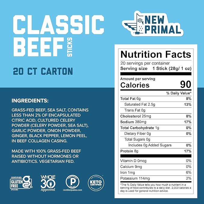 The New Primal Grass Fed Beef Sticks, Keto, Gluten Free Healthy Snacks for Adults, Sugar Free Low Carb High Protein Snack, Paleo Whole30 Jerky Meat Stick, 8g Protein, 90 Calories, 80 Pack