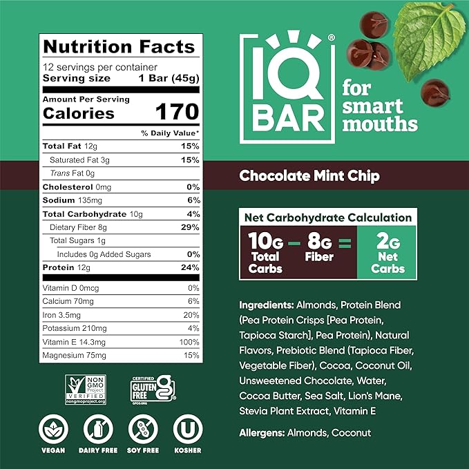 IQBAR Brain and Body Plant Protein Bars - Chocolate Mint Chip - 24-Count - Keto, Vegan, Low Carb, High Fiber, Gluten Free, Dairy Free, Low Sugar Snack with Nutrients for Focus, Energy, Meal Replacement