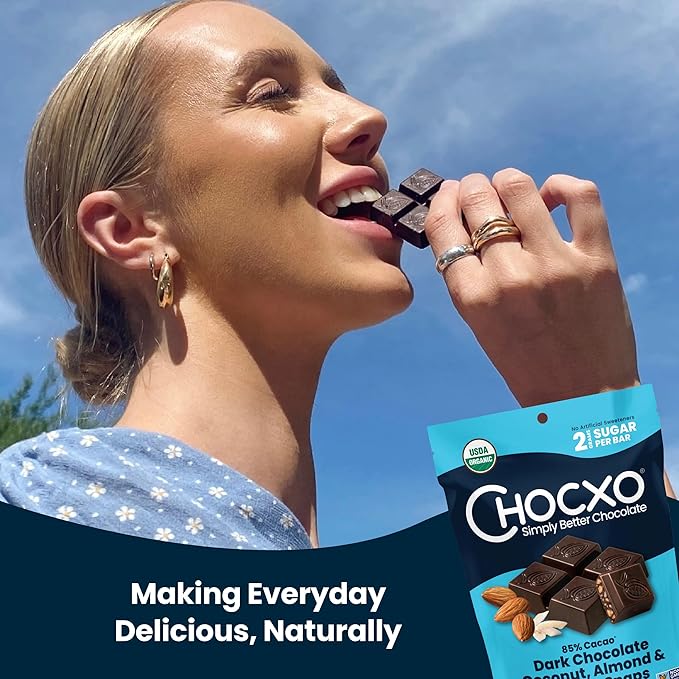 Chocxo Dark Chocolate Coconut Almond & Sea Salt Snaps - Low in Sugar, Organic 85% Cacao, Non-GMO, Keto Certified, Gluten Free & Kosher. No Artificial Sweeteners or Sugar Alcohols, 3.45 oz (Pack of 6)
