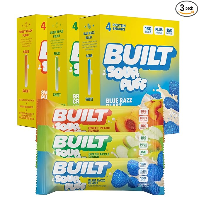 Built Bar, Sour Puff Protein Bars, Variety Pack, Collagen, On-the-go Snacks, Sour Candy, Mixed Sampler, 12 Pack