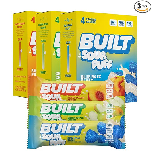 Built Bar, Sour Puff Protein Bars, Variety Pack, Collagen, On-the-go Snacks, Sour Candy, Mixed Sampler, 12 Pack