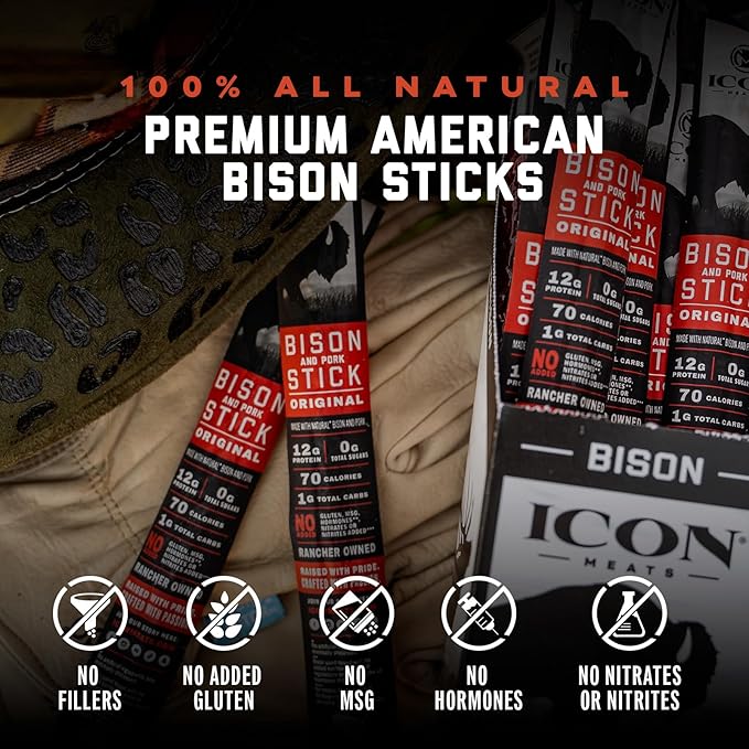 ICON Meats Bison and Pork Snack Sticks, Original Flavor, 24 Pack of High Protein Snacks, Sugar Free, Natural Jerky Meat Sticks, Gluten Free, USDA Inspected, Made in USA, Gifts or Stocking Stuffers