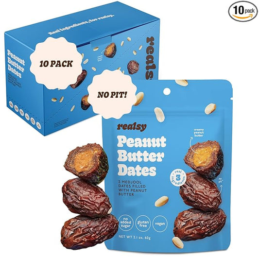 Realsy Peanut Butter Stuffed Medjool Dates, Organic Dates with No Sugar Added, Gluten-Free, Vegan, Good Source of Fiber, Low Glycemic Index, All Natural Healthy Snack, (10 Pack)