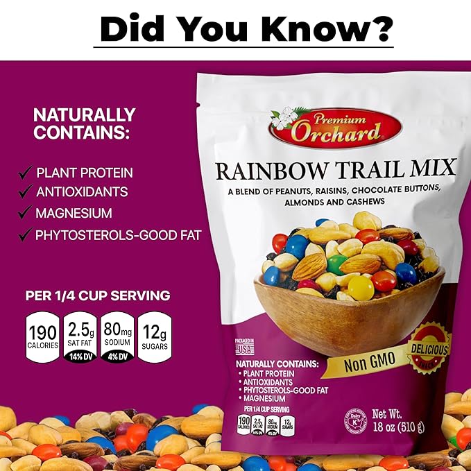 MIXED NUTS Rainbow Trail Mix by Premium Orchard - Healthy Trail Mix Variety Pack Peanuts Raisins Cashews Almonds Chocolate Buttons Heart Healthy Snacks for Adults and Kids Snacks