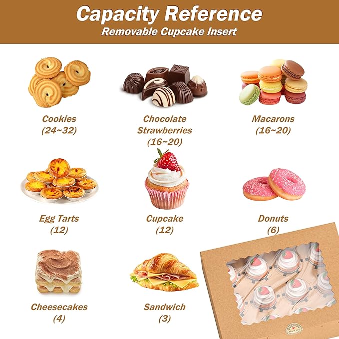 EffiQ-Rate 50 PCS Cupcake Boxes, 12-Count Cupcake Containers with Window, Brown Pastry Boxes with Inner Tray & 50 Stickers for Dessert, Party, Birthday, Holiday (12.8x9.84x3.54 Inch)
