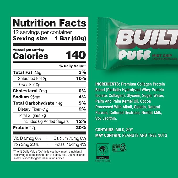 Built Bar, Puff Protein Bars, Mint Chip Puff, 17g Protein Snacks, On-The-Go Bars, Only 140 Calories, 7g Sugar, Collagen, Gluten Free, 12 Count