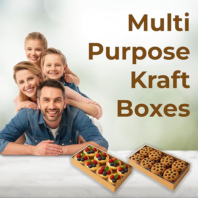 Gift Boxes with Clear Cover, Bakery Treat Boxes for Small Cakes, Cookies, Desserts, Donuts, Pastries, Gifts, and Party Favors – Durable & Elegant (10 Pieces Brown Kraft with Seperator, 4"x8"x1.2")