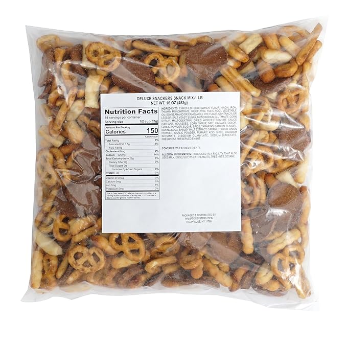 Deluxe Snack Mix, 1 Pound Bulk Bag, Rye Bread Chips, Pretzels, Sesame & Regular Bread Sticks, Hampton Distribution