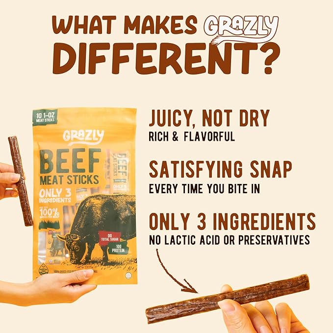Grazly Grass-Fed Beef Sticks – Made with Only Beef, Spring Salt & Collagen Casing – Clean, High-Protein Snack w/ 10g Protein Per Stick (1 oz, 10 Pack)