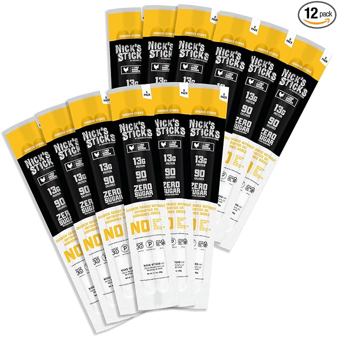 Nick's Sticks Free Range Clean & Balanced Chicken Snack Sticks | Made in the USA | Gluten Free | Paleo, Keto, Whole30 Approved | No Soy, Antibiotics or Hormones (12-1.7oz. Packages of 2 Sticks)