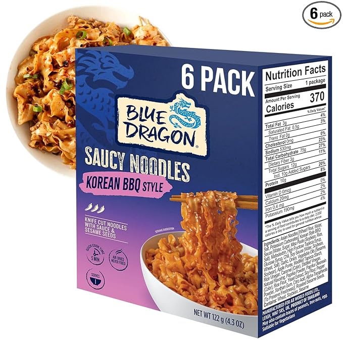 Blue Dragon Korean BBQ Saucy Noodles 4.2 oz (Pack of 6) – Knife-Cut Noodles with Korean-Style BBQ Sauce – Air-Dried, Never Fried – Vegetarian Friendly