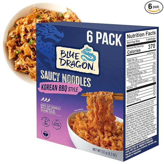 Blue Dragon Korean BBQ Saucy Noodles 4.2 oz (Pack of 6) – Knife-Cut Noodles with Korean-Style BBQ Sauce – Air-Dried, Never Fried – Vegetarian Friendly