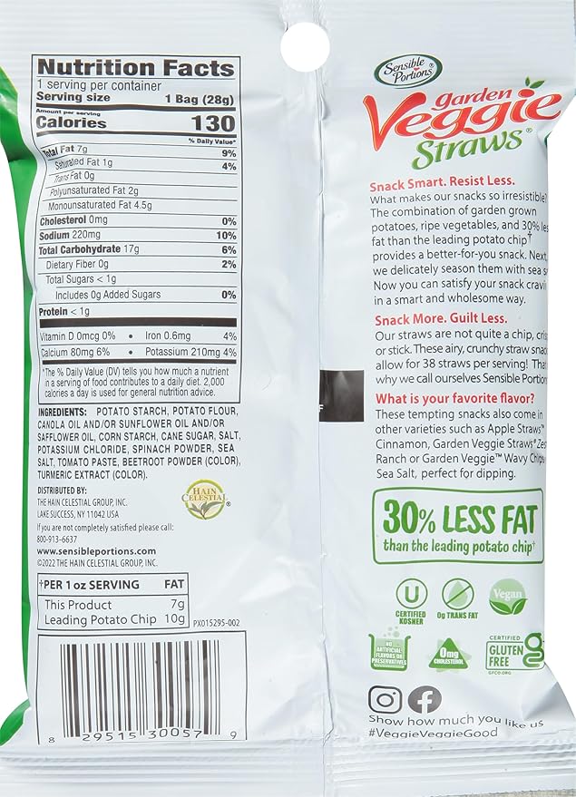Sensible Portions Garden Veggie Snacks - Veggie Straws, Snack Size Variety Pack, Sea Salt & Zesty Ranch, 1 Oz (Pack of 24)