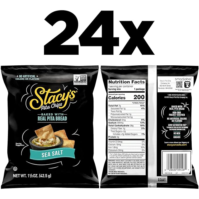 Stacy’s Pita Chips, Sea Salt, No Artificial Colors or Flavors, 1.5 Oz (Pack of 24)