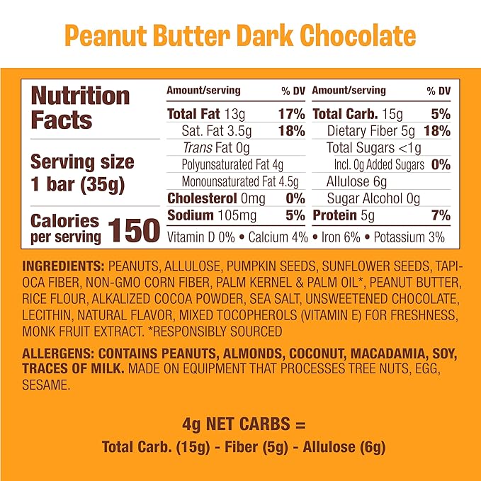 Munk Pack Peanut Butter Dark Chocolate Nut & Seed Snack Bars | 5g Protein, 1g Sugar, 3g Net Carbs | Plant-Based, Low Sugar, Non-GMO, Gluten-Free Snacks | 12 Count (4.92 oz)