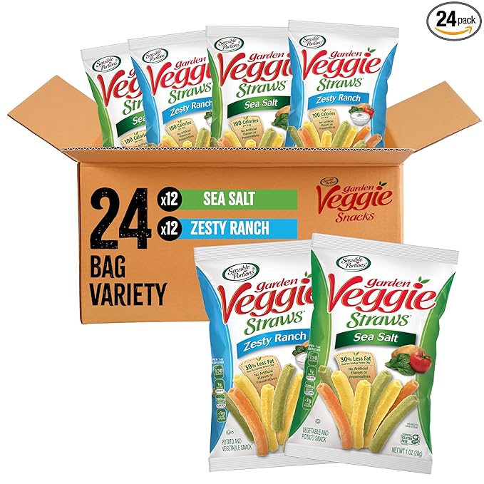 Sensible Portions Garden Veggie Snacks - Veggie Straws, Snack Size Variety Pack, Sea Salt & Zesty Ranch, 1 Oz (Pack of 24)
