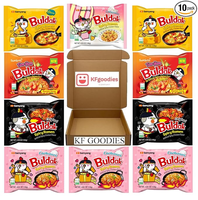 KF GOODIES Korean Ramen Variety Pack Gift Box (10 Count) – Spicy Buldak Noodle Assortment for Birthdays, College Care Packages, Office Snacks, and Gift Baskets