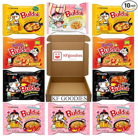 KF GOODIES Korean Ramen Variety Pack Gift Box (10 Count) – Spicy Buldak Noodle Assortment for Birthdays, College Care Packages, Office Snacks, and Gift Baskets