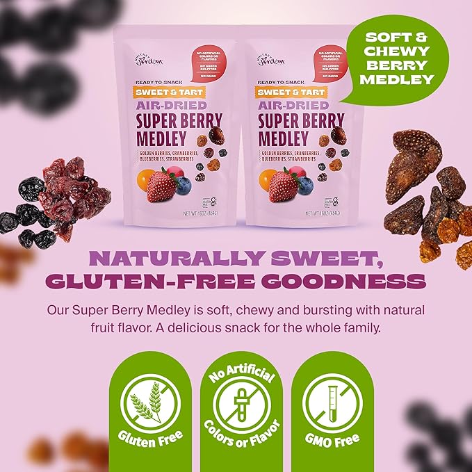 Whitney Jordan Naturals Air-Dried Super Berry Medley 16 oz, Pack of 2 - Dried Fruit Snack Made from Real Berries - Non-GMO, Gluten-Free, Vegan, Chewy Real Fruit for Clean Snacking