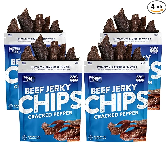 Wicked Cutz Cracked Pepper Beef Jerky Chips, 28g Protein per Bag, Crispy & Crunchy Beef Jerky Crisps, USA Made Pepper Flavored Chips, High Protein Carnivore Snacks (4 Bags)