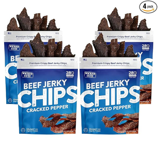 Wicked Cutz Cracked Pepper Beef Jerky Chips, 28g Protein per Bag, Crispy & Crunchy Beef Jerky Crisps, USA Made Pepper Flavored Chips, High Protein Carnivore Snacks (4 Bags)