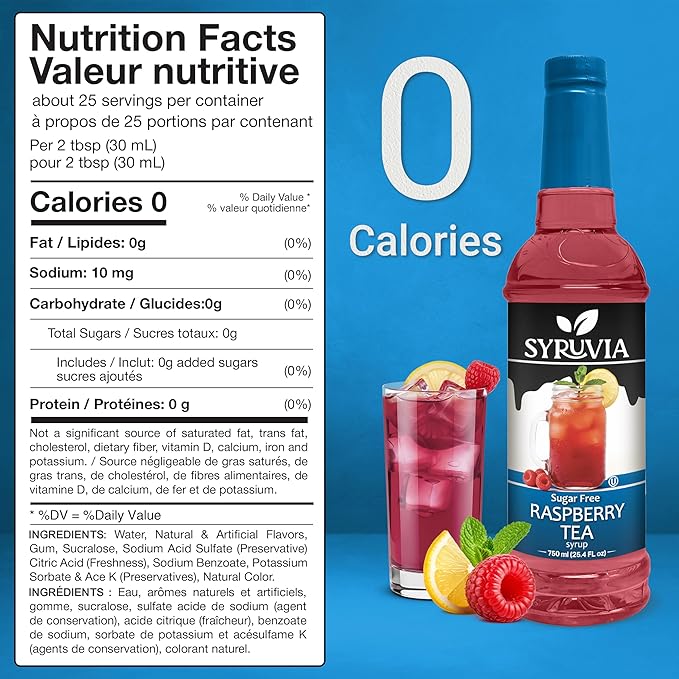 Syruvia Sugar Free Raspberry Tea Flavored Syrup for Drinks, Cocktails, Lemonades, Iced Teas and Desserts – 25.4 fl oz