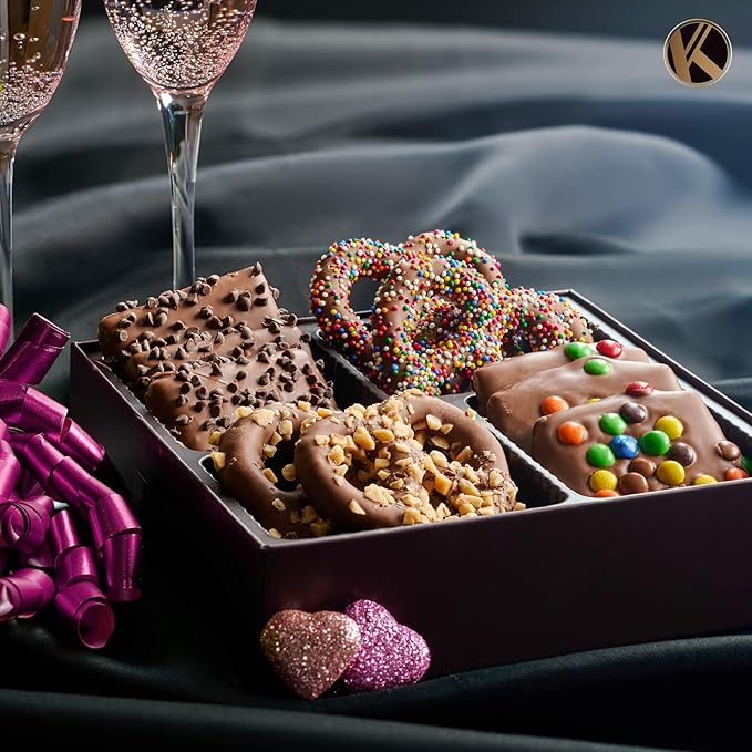 KREMERY Creamy Chocolate Cravings - Valentines Day Chocolate Covered Pretzel Twists & Grahams Cookies Gift Basket, in Brown Gift Box (12 Count, Assorted Sweet Toppings) Sweet Treats, Kosher