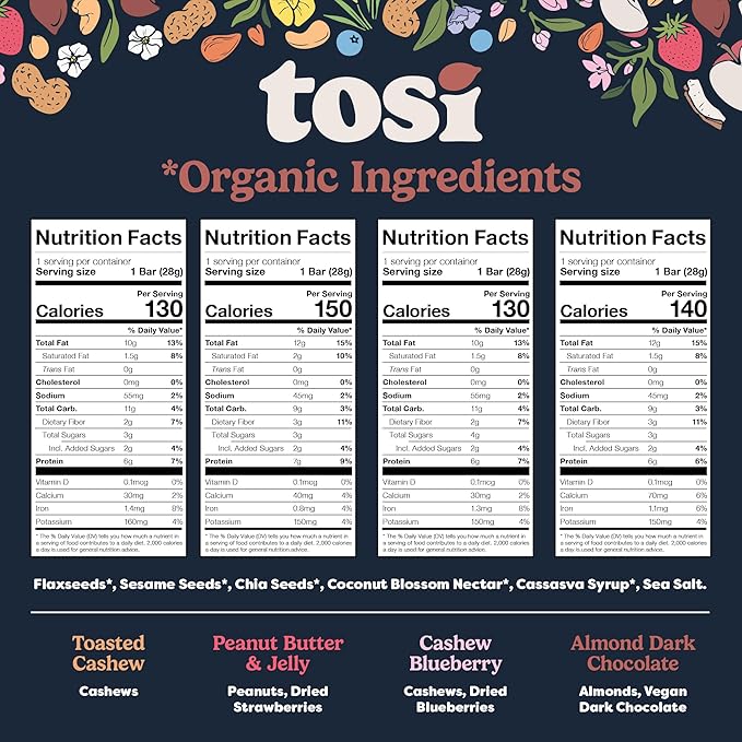 Tosi Variety Pack Protein Bars, Plant Based with Nuts, Gluten-Free Crunchy Snacks, Vegan, Organic, Flax & Chia Seeds, Soy-Free, Omega 3s, 5G-20G Protein, 1 oz and 2.4 oz, 8-Pack