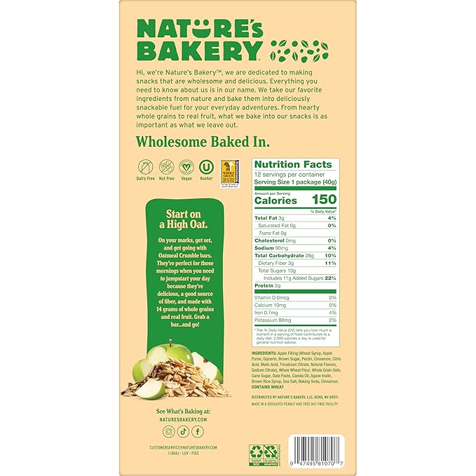 Nature's Bakery Nature’s Bakery Oatmeal Crumble Bars, Apple, Real Fruit, Vegan, Non-GMO, Breakfast bar, 7 boxes with 12 twin packs