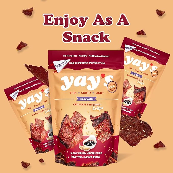 Yay's Snacks Sweet and Spicy Beef Jerky Crisps | High Protein Teriyaki Snack | Crispy, Crunchy, Non-GMO, Gluten-Free Meat Snack | 28G Protein Per Bag, Made in USA - 3 Pack (1.75 Oz)