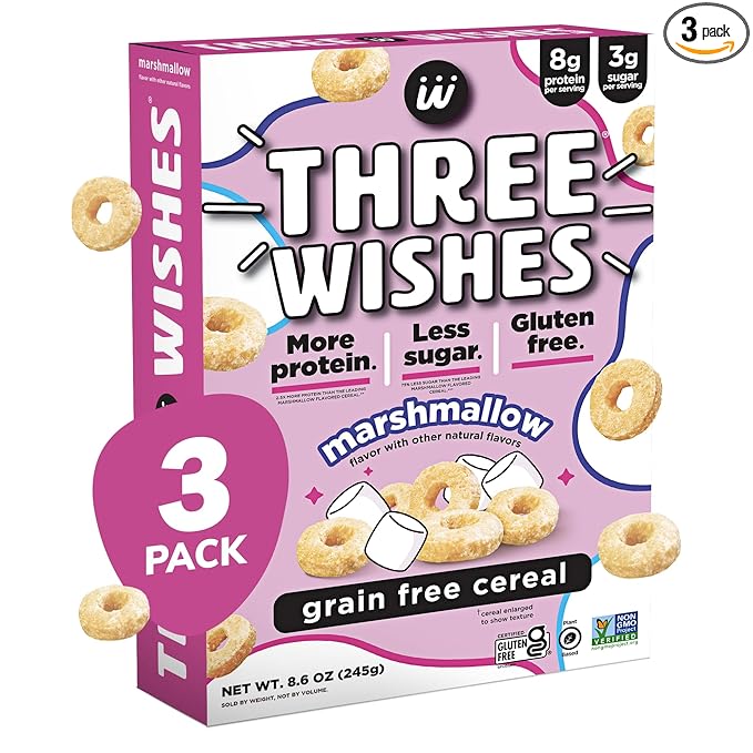 Three Wishes Grain-Free & Protein Cereal - Healthy, Low Sugar & Gluten-Free Breakfast Cereal - Low Carb, Plant-Based, Vegan & Non-GMO - Marshmallow, 3-Pack