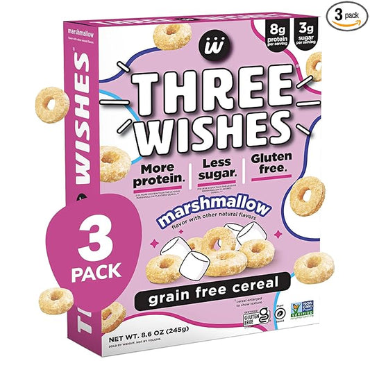 Three Wishes Grain-Free & Protein Cereal - Healthy, Low Sugar & Gluten-Free Breakfast Cereal - Low Carb, Plant-Based, Vegan & Non-GMO - Marshmallow, 3-Pack