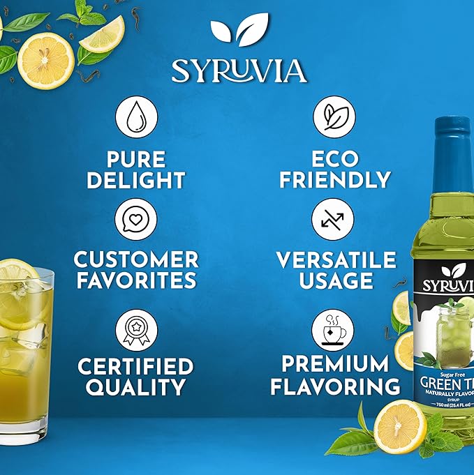 Syruvia Sugar Free Green Tea Flavored Syrup for Drinks, Cocktails, Lemonades, Iced Teas and Desserts – 25.4 fl oz