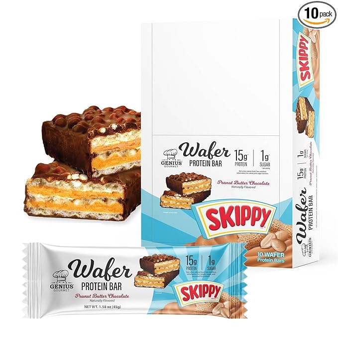 Genius Gourmet SKIPPY® Peanut Butter Chocolate Flavored Wafer Protein Bars,15g Protein per serving (30% DV), 1g Sugar, Chocolatey Snack Bar – 10 Count
