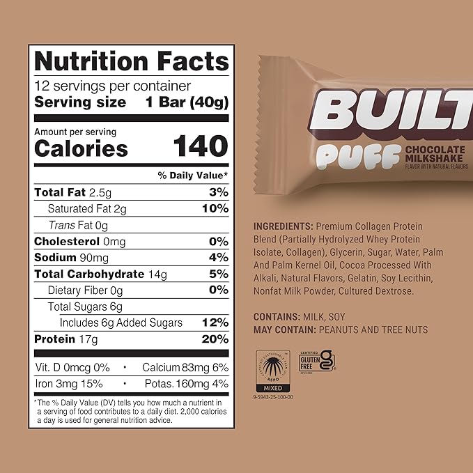 Built Bar Puff Protein Bars, Chocolate Milkshake, Collagen, On-the-go Snacks, Gluten Free, 12 Pack