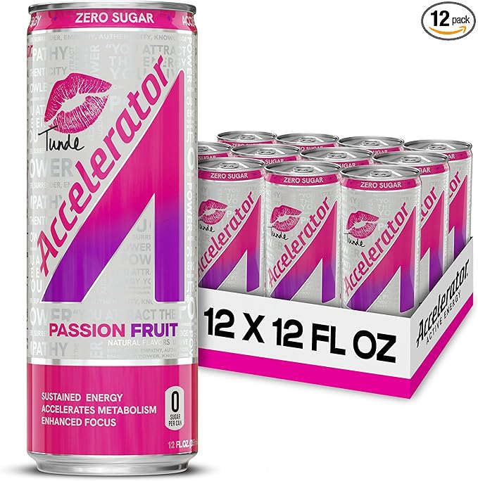 Accelerator Energy Drink, Passion Fruit 12oz can (12 pack), Zero Sugar, Sustained Energy from 100% Natural Caffeine (200mg from Green Coffee Bean & Green Tea extract)