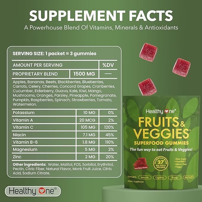 Fruits & Veggies Sugar-Free Gummies - 27 Whole Foods - Equals 3 Servings of Fruits & Vegetables - Improve Energy, Focus & Immune Function - Fiber - Antioxidants - Organic Ingredients - 14 Packets