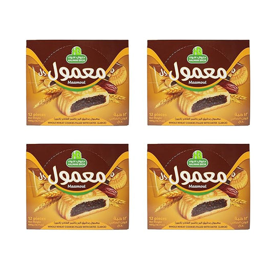 HB Halwani Bros Whole Wheat Maamoul Cookies, Date Filled Round Shortbread Cookies, 100% All Natural, No Additives, No Preservatives, 12 Individually Wrapped Cookies (Pack of 4)