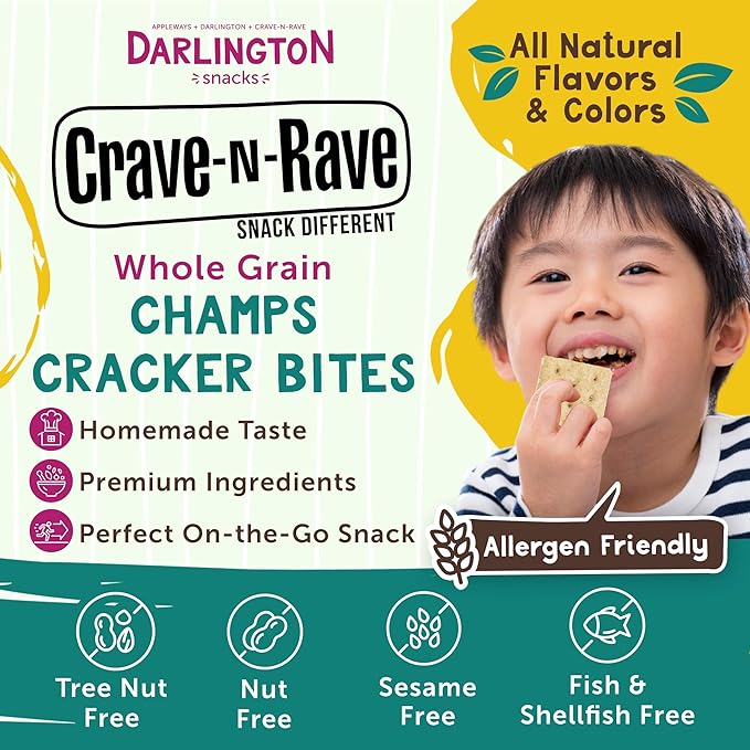 Crave-N-Rave The Originals Champ Wheat Crackers Bites, All-Natural Saltine Crackers. Kosher Whole Grain Crackers, Made in USA, 4 Large Packs, 80 oz Total