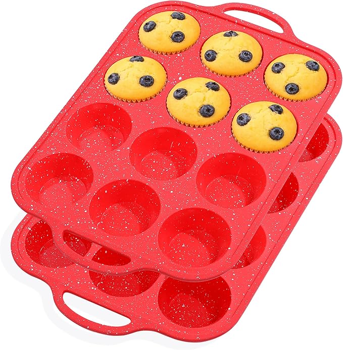 Fimary Silicone Muffin Pans for Baking, with Metal Reinforced Frame, Dishwasher Safe BPA Free Nonstick Silicone Cupcake Pan 12 Cups for Baking Homemade Muffins, Cupcakes - 2 Pack