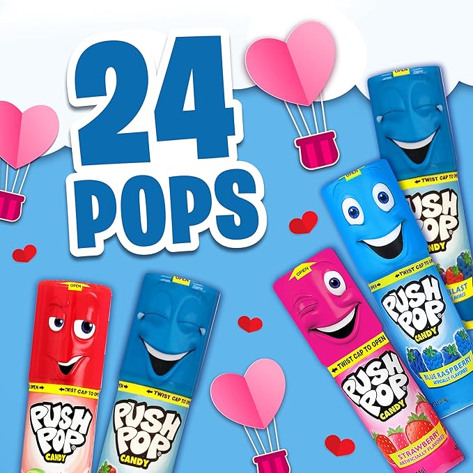 Push Pop Valentine's Candy Variety Pack, 24Ct Bulk Individually Wrapped Lollipops in Assorted Flavors, Full Size, Fun Hard Candy For Birthday Parties, Valentine's Gifts, Goodie Bags, Party Favors