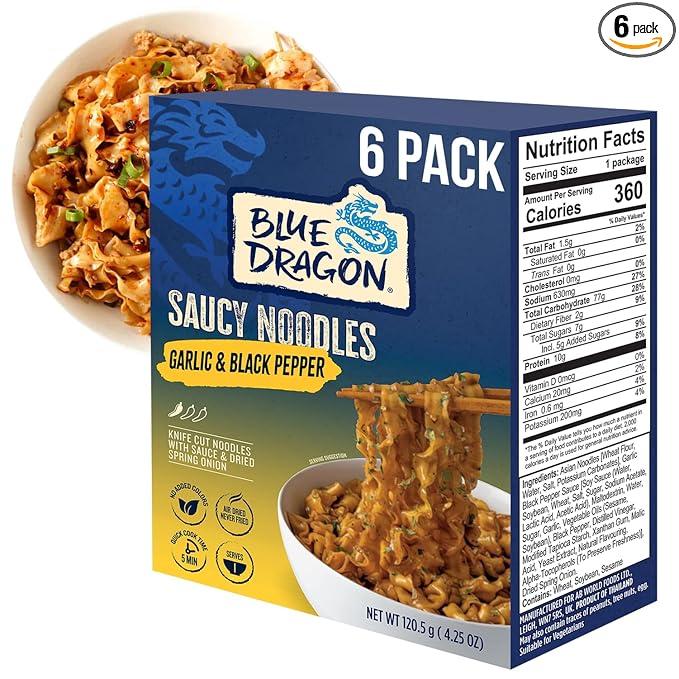 Blue Dragon Garlic & Black Pepper Saucy Noodles 4.2 oz (Pack of 6) – Knife-Cut Noodles with Garlic & Cracked Pepper Sauce – Air-Dried, Never Fried – Vegetarian Friendly